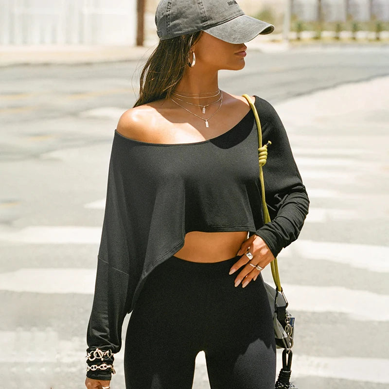 BIIKPIIK Casual Off Shoulder Solid Knitted Tops Concise Skew Collar Long Sleeve Autumn Tees For Women Sporty Irregular T-shirts Black