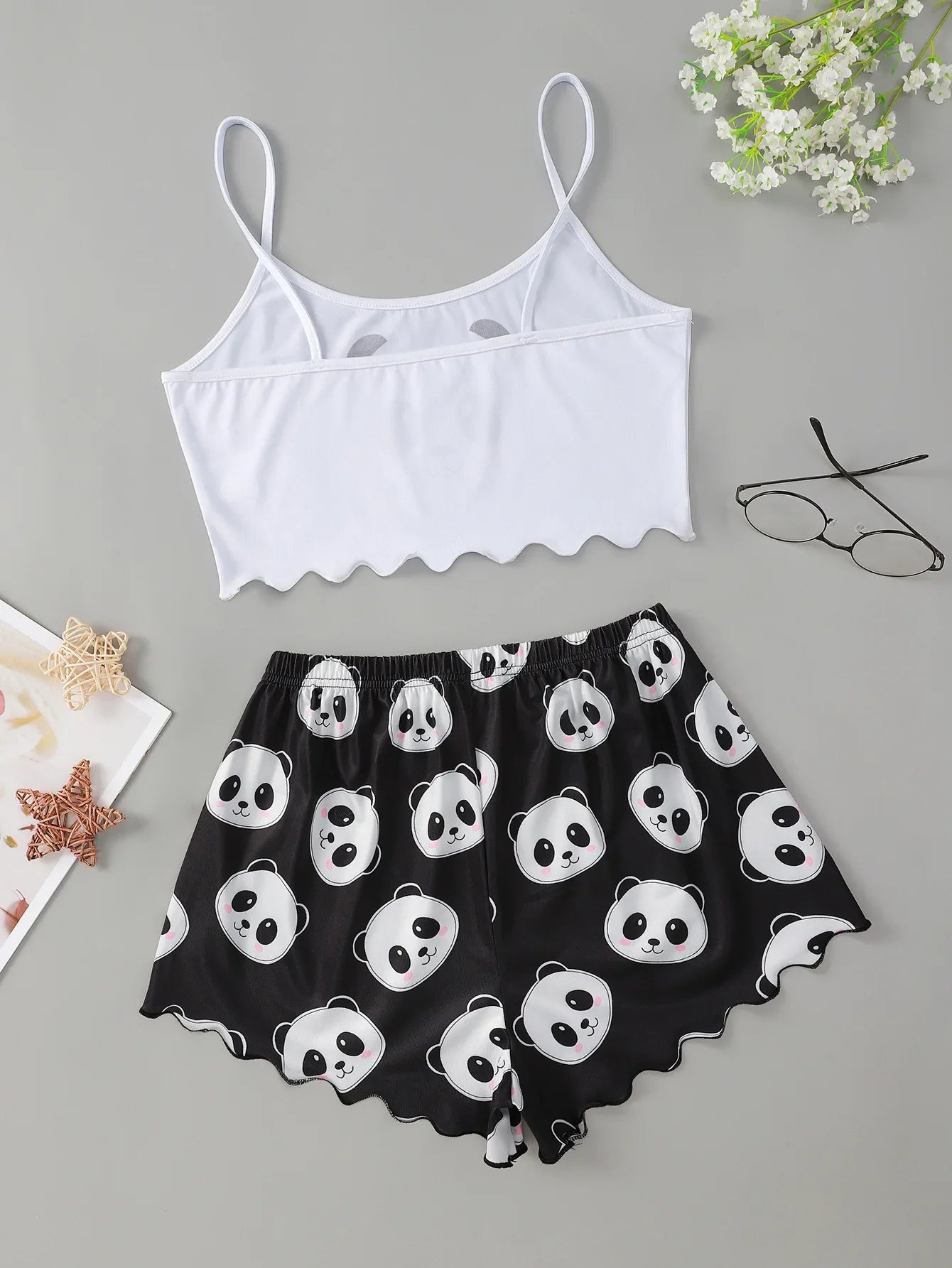 Women's 2pcs Cute Soft Comfy Cartoon Panda Print Sexy Sleepwear Sleeveless Shorts Homewear Pajama Set Loungewear
