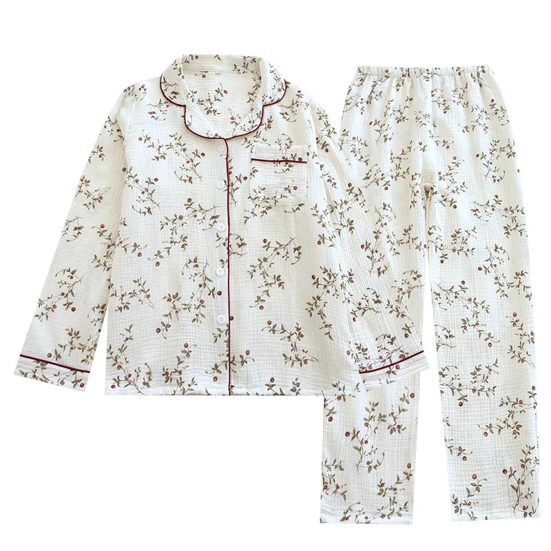 2025 Japanese Spring and Autumn New Women's Pajama Set 100% Cotton Crepe Long sleeved Pants Cardigan Cute Plus Size Home Fury