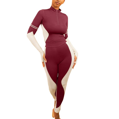 Y2K Color Matching Women'S Set Sweatsuit Two Piece Outfits Ladies' Standing Collar Sports Suit Slim Fit Long Sleeved Long Pants Badiee Stylez
