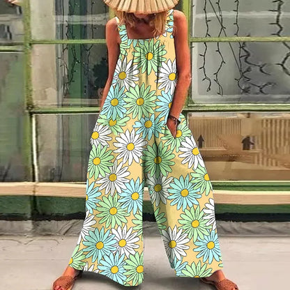 Loose casual lazy wind oversize print suspenders one-piece pants 2024 summer new straps broad leg one-piece pants woman green