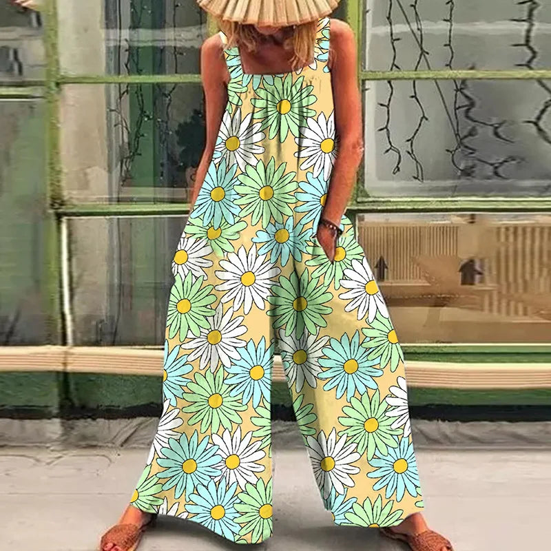 Loose casual lazy wind oversize print suspenders one-piece pants 2024 summer new straps broad leg one-piece pants woman Badiee Stylez