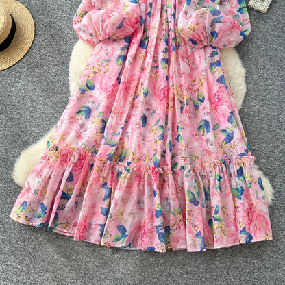 Chic vintage long sleeve lantern sleeve V-neck print pleated Elegant Fairy korean dress women clothing Long dress