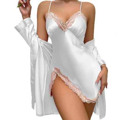 Sexy Women's Satin Silky Pajama Sets Lace Nightgown with Robe Set Cami Mini Nightdress 2 Piece Suit Chemise Sleepwear White