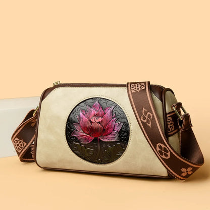 Three Layers Women Handbag Soft Leather Shoulder Crossbody Bags for Women Flower Print Ladies Messenger Bag with WIde Strap