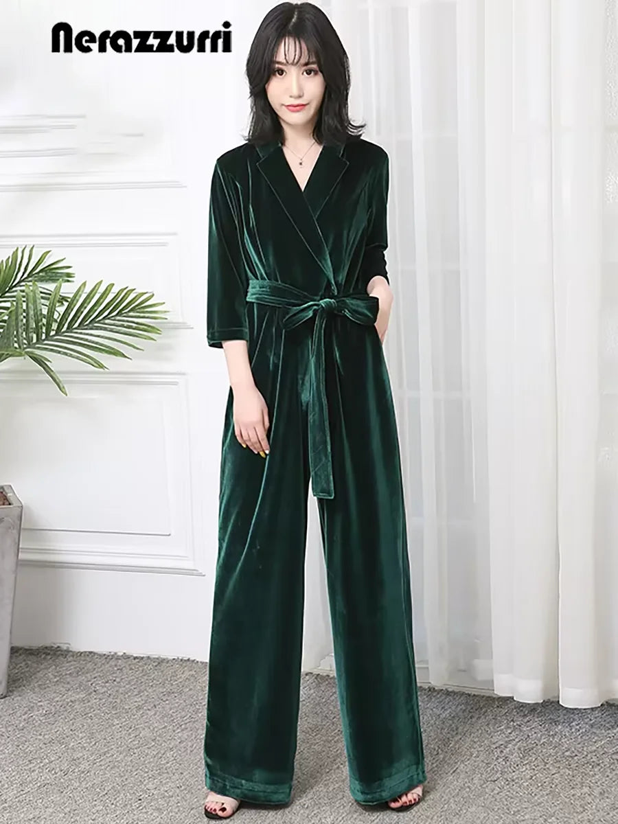 Nerazzurri Spring Autumn Long Soft Flowy Red Velvet Jumpsuit Women with Sleeves Sashes Maxi Black Wide Leg Floor Length Clothes Badiee Stylez