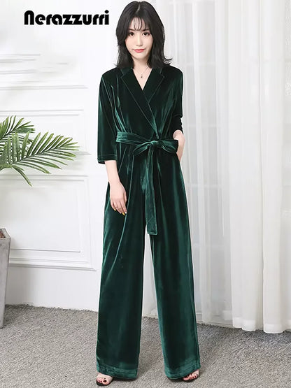 Nerazzurri Spring Autumn Long Soft Flowy Red Velvet Jumpsuit Women with Sleeves Sashes Maxi Black Wide Leg Floor Length Clothes Badiee Stylez