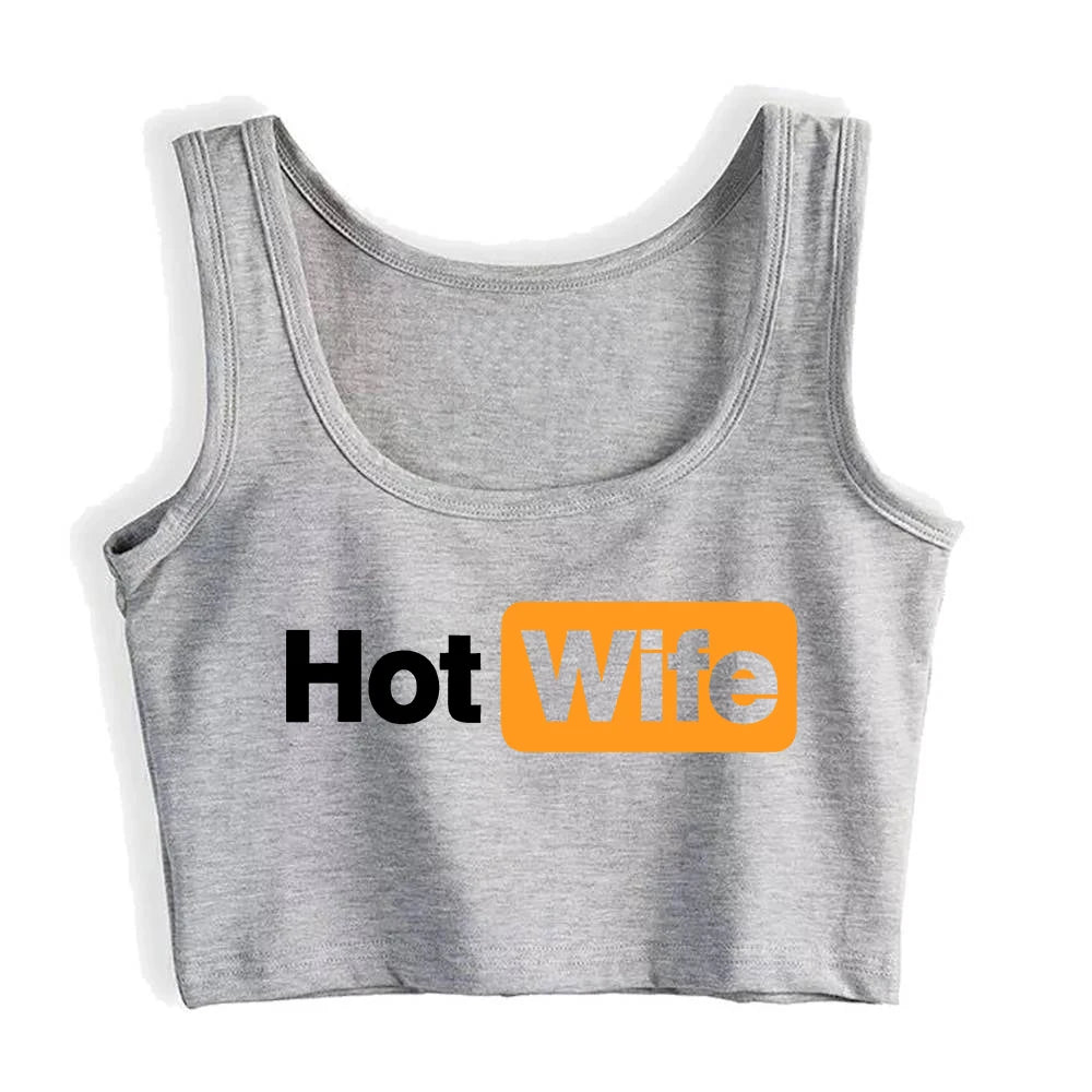 Hotwife Graphic Sexy Slim Fit Crop Top Women's Humorous Flirtation Style Tank Tops Customizable Street Fashionable Camisole GRAY