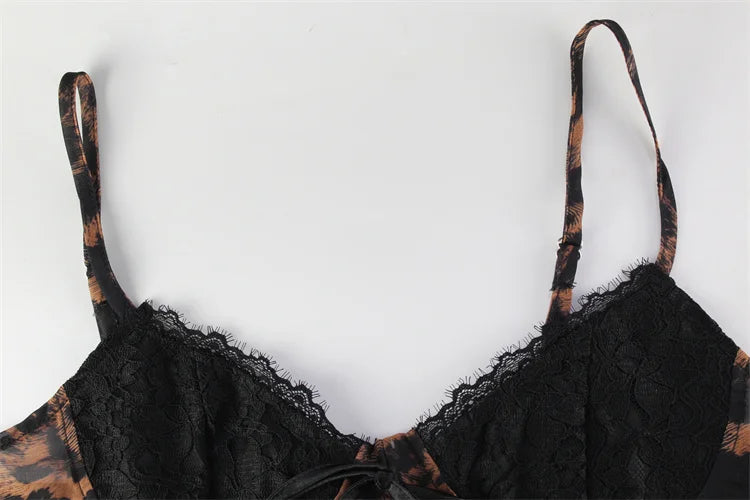 Ahagaga Sexy Leopard Women's Mini Dresses Camisole Sleeveless V-Neck Slim Fit Lace Bows Blackless Streetwear Bodycon Vestidos