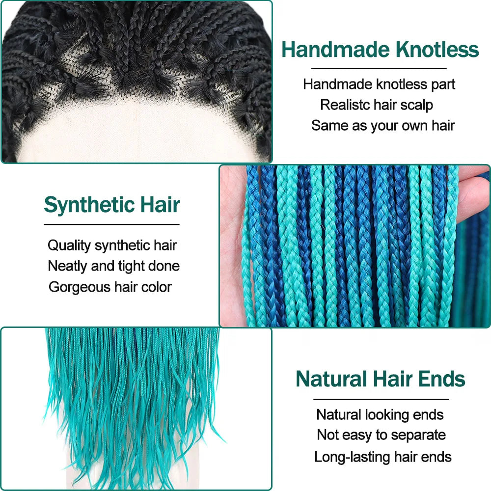Ombre Blue Box Braided Wigs for Women 26inch Knotless Goddess Box Braid Lace Front Wig Colored Crochet Braid Synthetic Wig