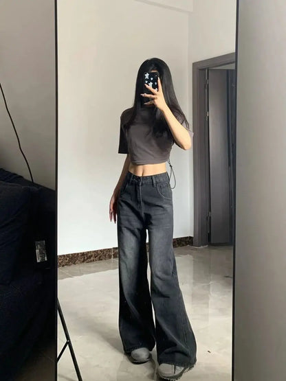 Korean Vintage High Waist Women's Jeans Y2K Slimming Pear-Shaped Loose Straight Bell Bottoms Black Gray Baggy Denim Trousers - Badiee Stylez