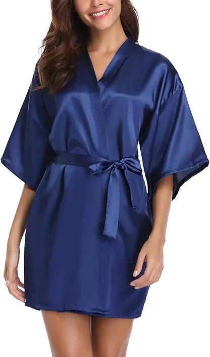 Womens Kimono Robes Dressing Gown Satin Bathrobe Nightdress Short Style Bridal Robe As the photo show 1