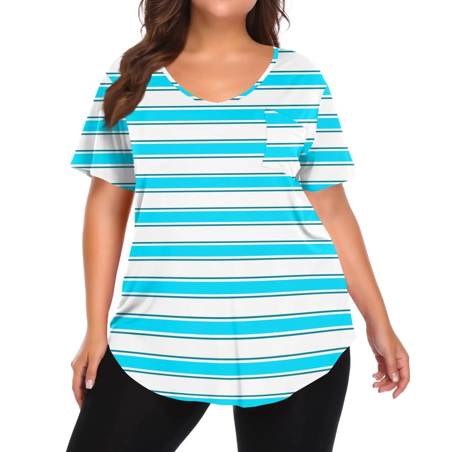 Plus Size Casual striped T-shirt For Women V neck short sleeves Loose Tops With Pocket Summer Daily Casual Plus Size Women's Top Turquoise