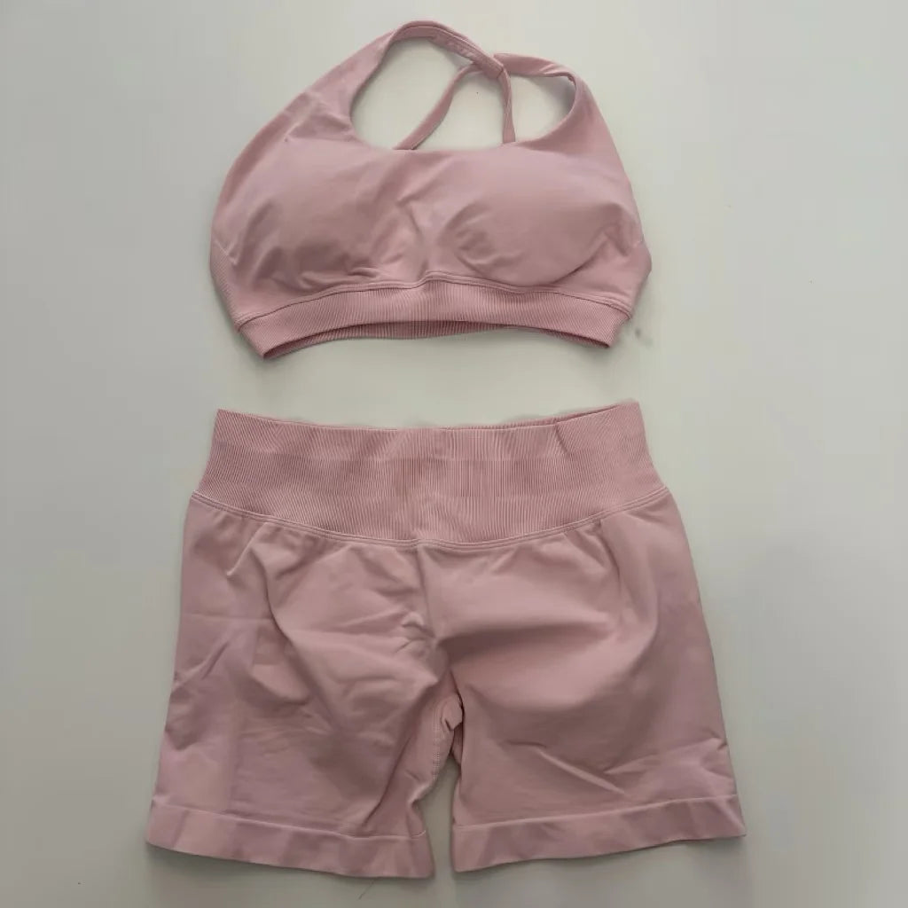 No Logo Yoga Asymmetric Gym Set Women Seamless Yoga Set Workout Shorts Sets Halter Sports Bra Scrunch Bum Shorts Fitness Clothes Badiee Stylez