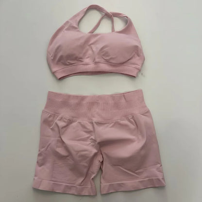 No Logo Yoga Asymmetric Gym Set Women Seamless Yoga Set Workout Shorts Sets Halter Sports Bra Scrunch Bum Shorts Fitness Clothes Badiee Stylez