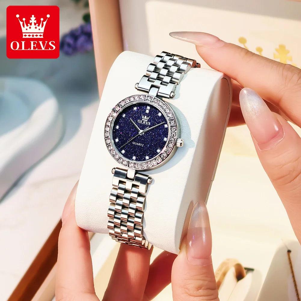 OLEVS 3641 Womens Watch Original Elegant Quartz Watch Waterproof Luminous Stainless Steel Starry Dial Ladies Watch With Box Gift Silver Blue CHINA Yes