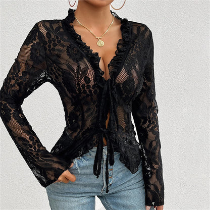 Women Gothic Lace Shrug Crop Tops Flare Long Sleeve Vintage Shirts Blouses for Cosplay Role-Playing Party Halloween Costume black