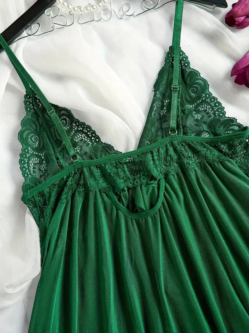 Soft Sheer Nighty Pajamas Hotselling Nightgowns Dark Green Halter Dress Women Sleepwear Sexy Bra Plus Size Nightdress Thong Sets Badiee Stylez