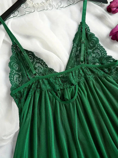 Soft Sheer Nighty Pajamas Hotselling Nightgowns Dark Green Halter Dress Women Sleepwear Sexy Bra Plus Size Nightdress Thong Sets Badiee Stylez