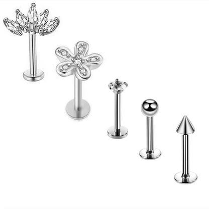 5PCS Flower Tragus Piercing Set Flat Back Cz Cartilage Stud Earring Helix Jewelry Conch Rook Stud Lot Labret Lip Piercing Bulk 5PCS Set23