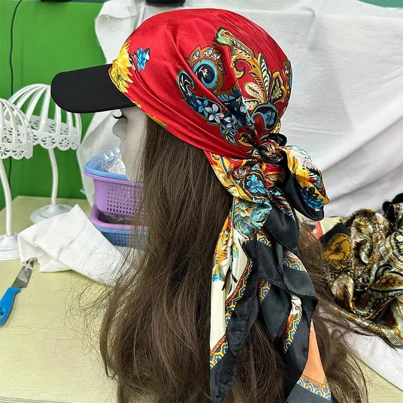 Outdoor Satin Silk Headscarf Hat with Brim 2-in-1 Sun Hat and Headband Elegant Printed Square Scarf Cap