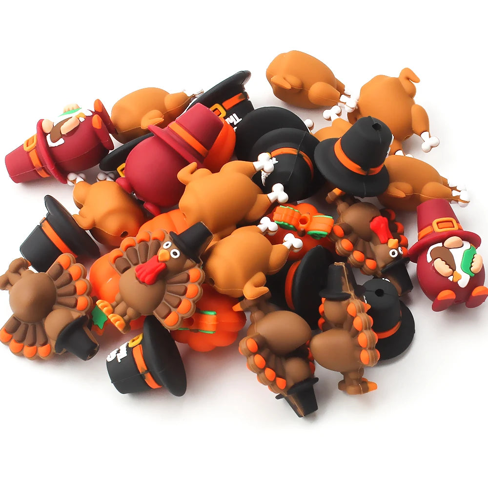 5/10/20pcs Thanksgiving Silicone Beads 3D Pumpkin Turkey Focal Beads for Jewelry Lanyards Keychain Bracelet Making Pen Decor