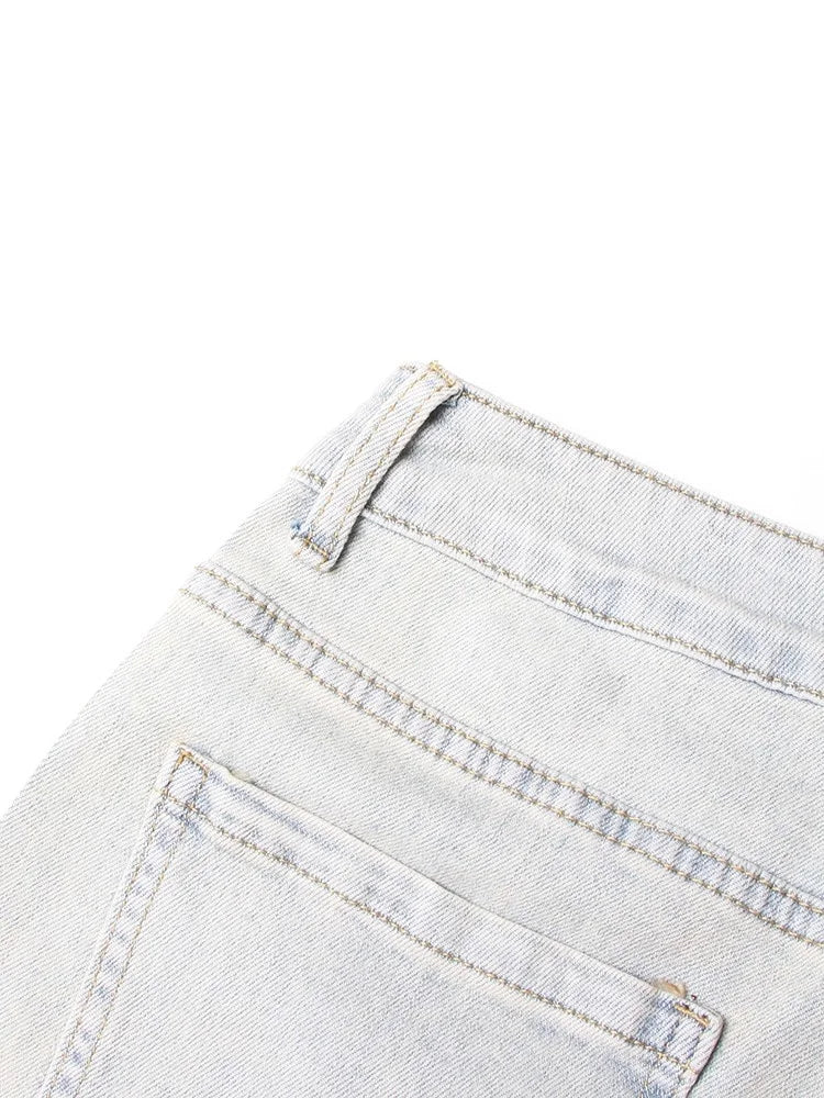 VGH Crisscross Hit Color Streetwear Denim Trousers For Women High Waist Patchwork Pockets Hollow Out Split Pants Female 2024