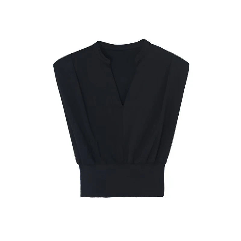 Black V-neck Short Shirt Summer Crop Top Women's Fashion Sleeveless Shirts Elegant Office Lady Clothes Top Casual Blouse Black