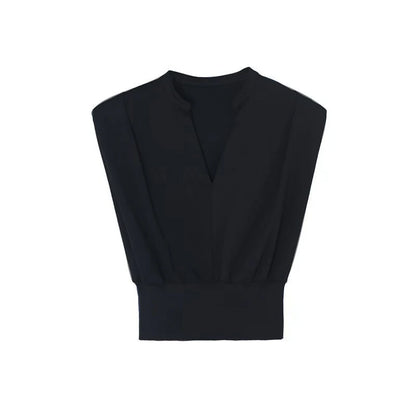 Black V-neck Short Shirt Summer Crop Top Women's Fashion Sleeveless Shirts Elegant Office Lady Clothes Top Casual Blouse Black