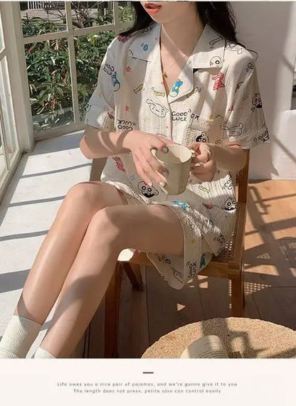 Cute Girl's Summer Cotton Linen ort Sve Nightgown Home Clothes Set Bear Print Gauze Spwear Simple Home Sle