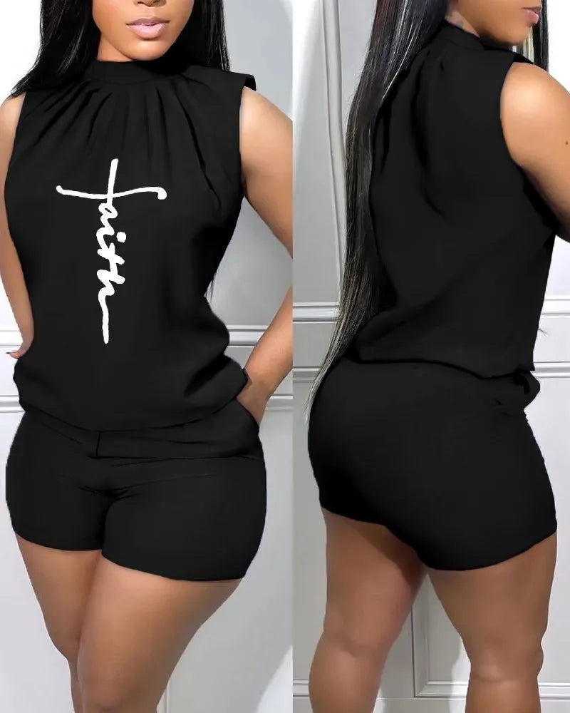 Summer New Street Trendy Women's Polyester Sexy Sleeveless Fashion Print Casual Round Neck 3/4 Shorts Sleeveless Comfortable Set