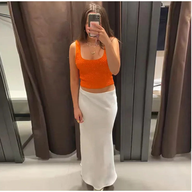 Fashion Bright Silk Knitted Vest For Women Elegant sleeveless U Neck Chic Cropped Tank Tops female Y2K Street Evening Partywear
