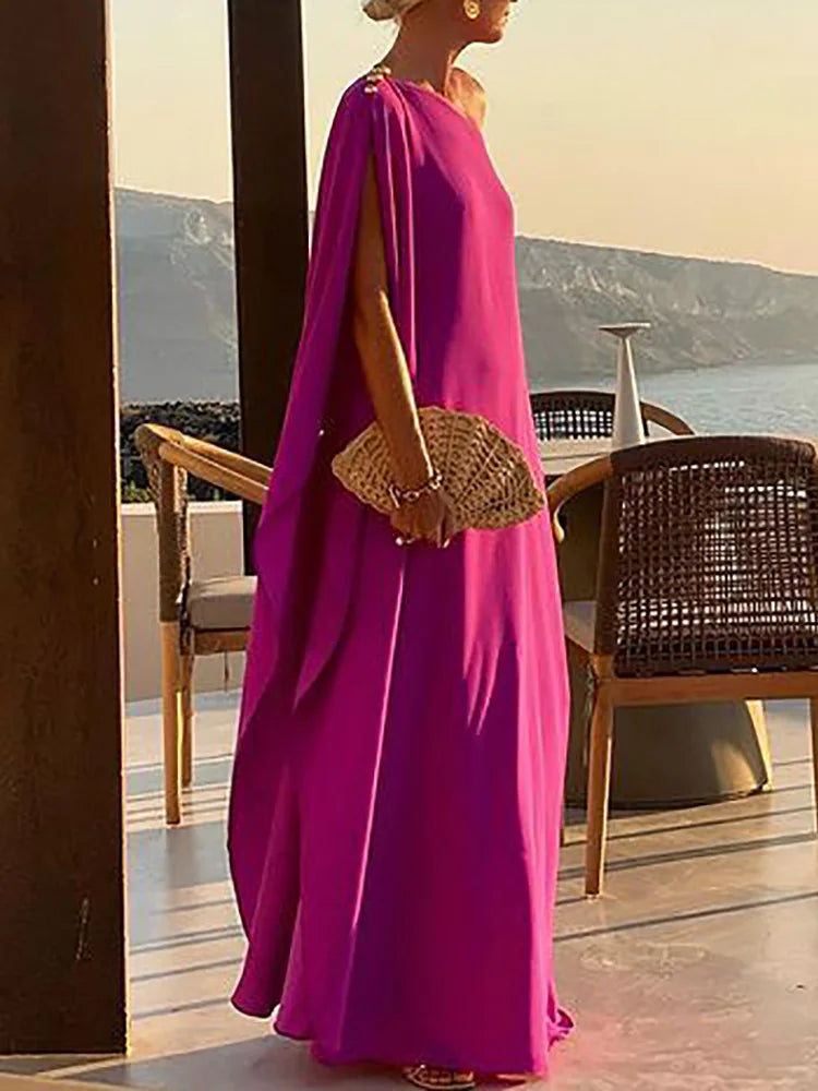 Patchwork Inclined shoulder Fashion Party Dress, Women Summer Beach Elegant Maxi Dress, 2024 Casual Diagonal Collar Ladies Dress