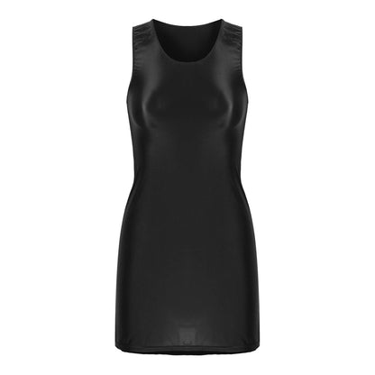 Women's Oil Glossy Stretch Tank Mini Dress Solid Color Sleeveless Tights Bodycon Short Dress Stretch U Neck Party Sundress Black