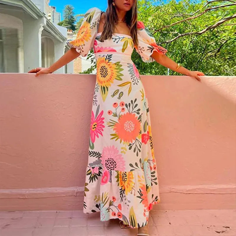 Summer Dress Elegant Women Flower Printed Maxi Dress High Waisted Short Sleeve Square Collar 2024 Summer Fashion Holiday Dresses Orange Print