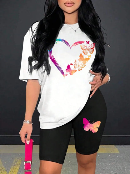 The Love Strung Together By Butterflies Printing Women T Shirts Two Piece Set Fashion Short Sets Comfortable Basic Shirt Shorts Badiee Stylez
