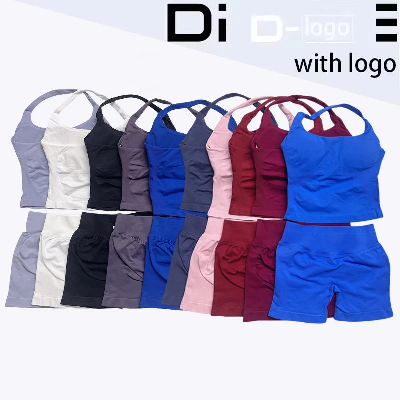 two piece DF yoga clothing set outfits woman yoga Impact Halter Top and spors shorts 4.5 inch Gym workout sets pilates clothes Badiee Stylez