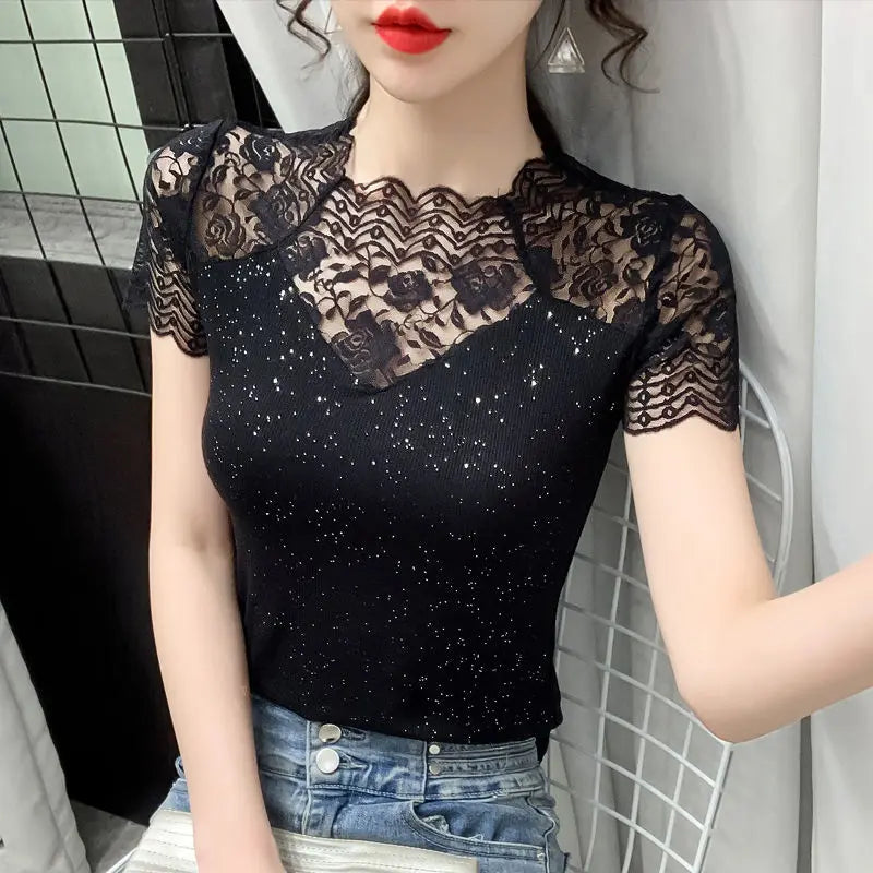 Summer Women Tops Patchwork Bright silk Mesh T shirt Pathcwork Short Sleeve Lace Shirt