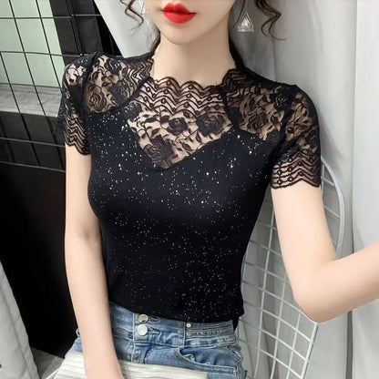 Summer Women Tops Patchwork Bright silk Mesh T shirt Pathcwork Short Sleeve Lace Shirt