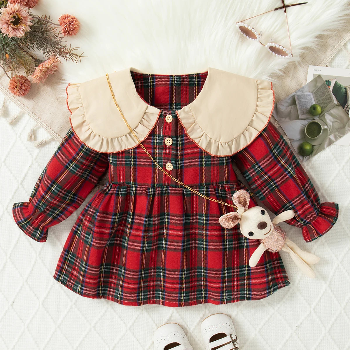 Spring and Autumn New Baby Girls Long Sleeve Dress Academy Style Checkered Children's Clothing+Rabbit Bag (9 Months-3 Years Old) Red