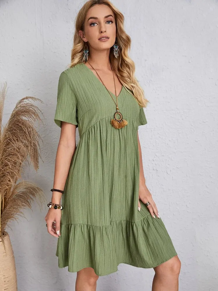 Women Elegant Short Sleeve V Neck Ruffles Dress Summer Casual Solid Loose Mini Dress Chic Bohemian Sundress Beach Party Vestidos Badiee Stylez