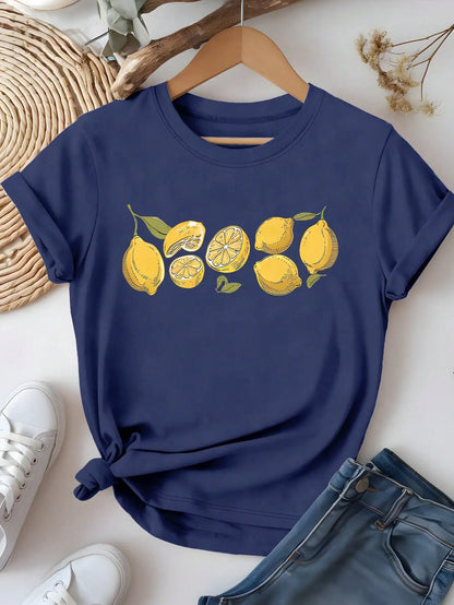 Plus Size Women's Round Neck Lemon Illustration Print Pattern Summer Outfits Short Sleeved T-shirt Blue