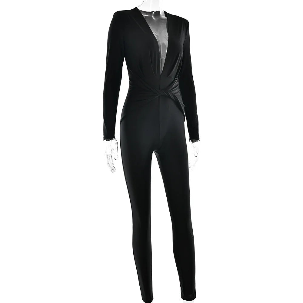 JUISSA MO Sexy Deep V-neck Ruched Women Jumpsuit Long Sleeve High Waist Playsuit Female Winter Bodycon Elegant Sporty Clothing Badiee Stylez