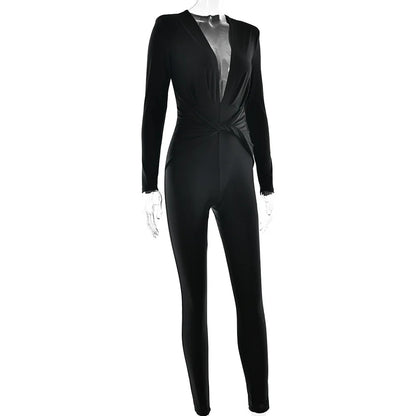 JUISSA MO Sexy Deep V-neck Ruched Women Jumpsuit Long Sleeve High Waist Playsuit Female Winter Bodycon Elegant Sporty Clothing Badiee Stylez