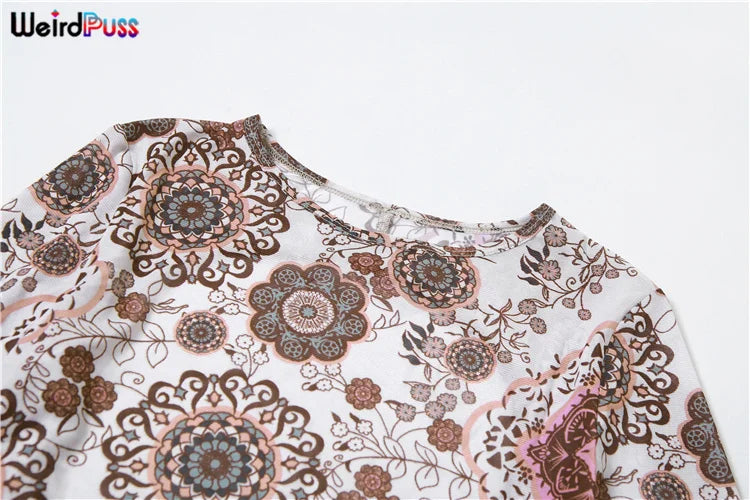 Weird Puss Backless Peach Buttocks Playsuit Women Flowers Print Autumn Trend Full Sleeve O-Neck Streetwear Sporty Workout Romper