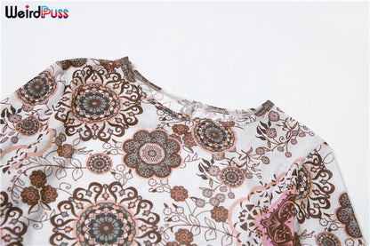 Weird Puss Backless Peach Buttocks Playsuit Women Flowers Print Autumn Trend Full Sleeve O-Neck Streetwear Sporty Workout Romper