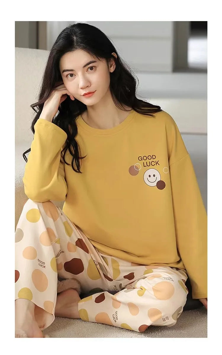 Women's Long Sleeve Long Pants Comfortable Pajamas Loungewear Women's Spring and Autumn New Plus Size Korean Loungewear Set