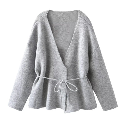 Women Solid Color Lace-up Knitted Sweater Jacket Female Cardigan with Belt Autumn and Winter Woolen Simple Cardigan Sweater grey-1