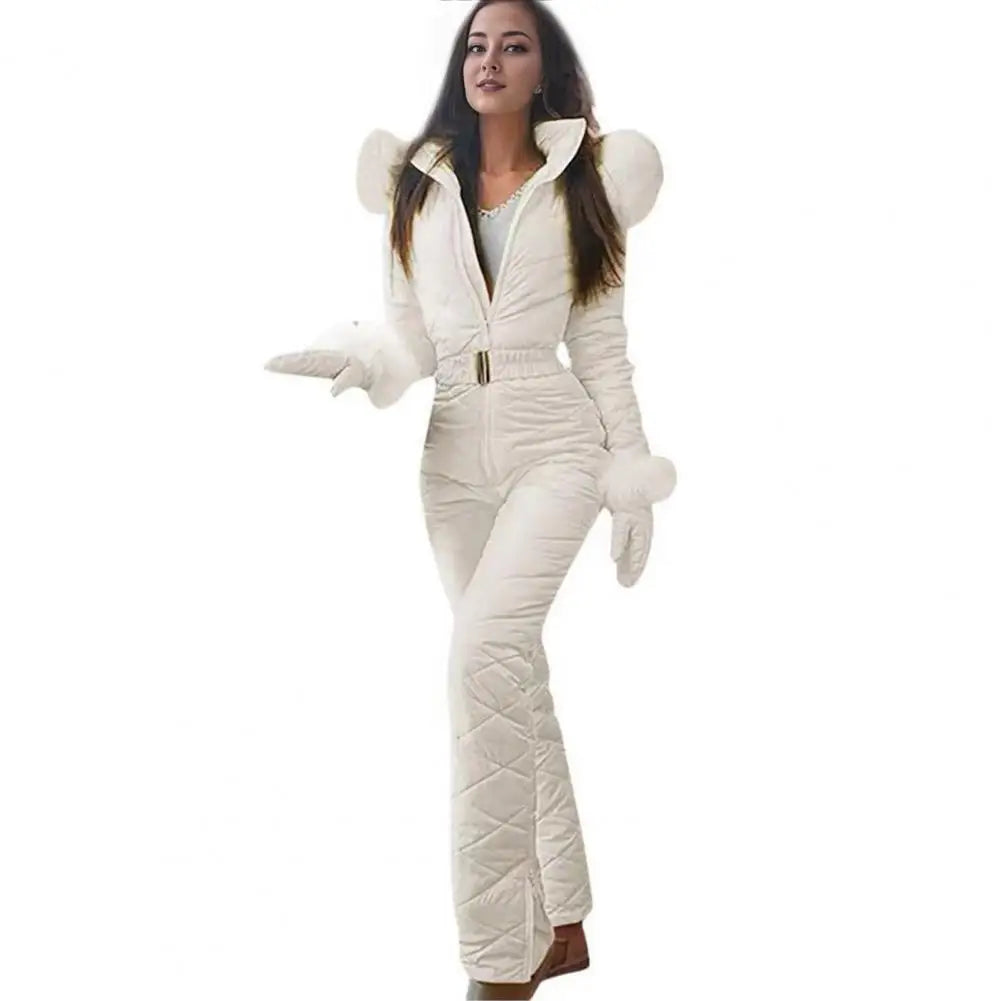 Women Winter Jumpsuit with Gloves Thickened Padded Snowsuit Hooded Windproof Outdoor Ski Outfit Ice Snow Warm Sports Jacket Badiee Stylez