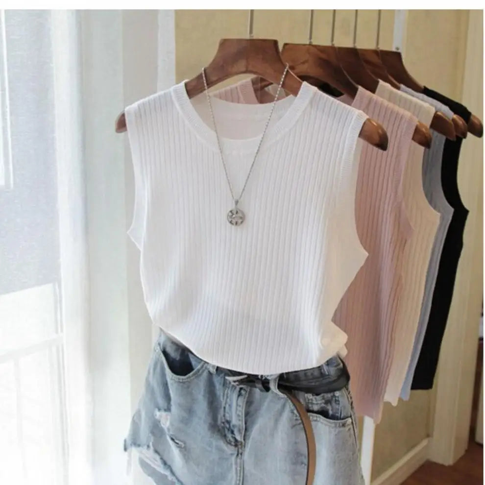 Summer Women Knitted Loose Sweater Vests Sexy O-Neck Sleeveless Knitwear Tank Tops YRFZ-N6634